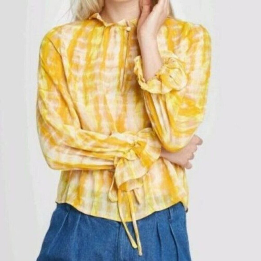 Who What Wear Blouse Yellow Tie Dye Long Sleeve Sheer Womens Size XS